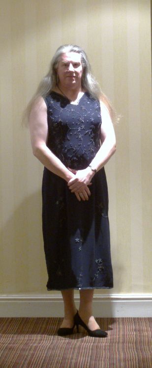 Tuesday evening, formal dinner. sparkly blue dress, Silkies &amp; black suede heels.