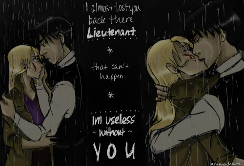 asunaachan:  Riza had a close call during an undercover mission and that didn’t sit so well with Roy. 