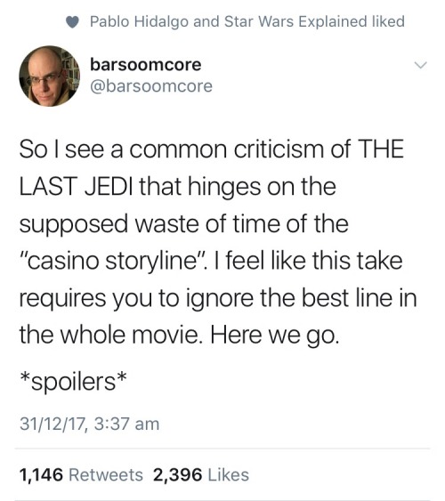 aiffe:  meganuckingfutsnix: TLJ CASINO SCENE KICK BACK….   “Louder for the fuckers at the back!!!” 🙌🏼👏🏻    #people didnt like that part??#i enjoyed it purely for the jab at capitalism People don’t like jabs at capitalism, that’s