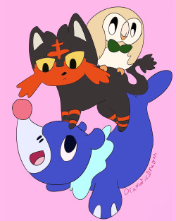 dramaticdragon:  ALOLA STARTERS!!! Also, my Shiny Predictions. I’m super betting on pastel Rowlet and Purple/Maroon Popplio. Honestly i just threw together some colors on Litten sorry 