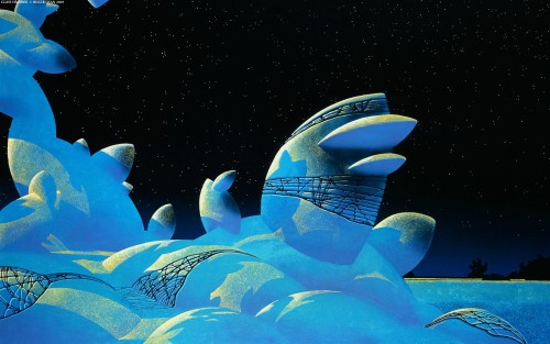 70sscifiart:Roger Dean’s snowy landscapes.