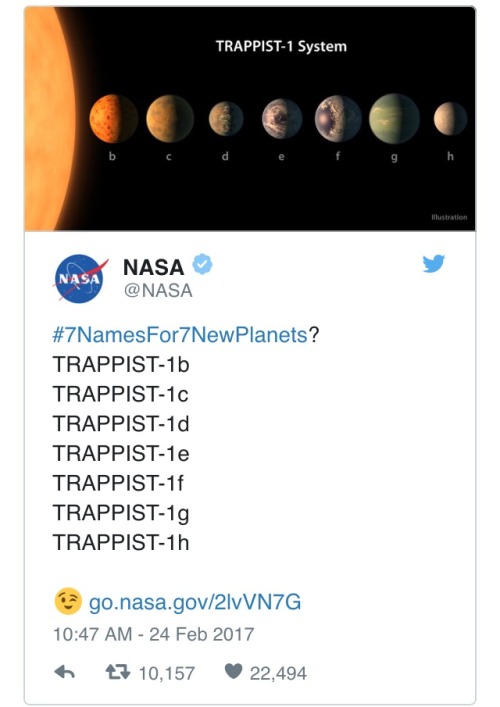 scienceshenanigans: NASA asks Twitter to name the new planets.