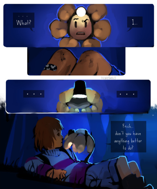 fluffymilktea:  velocesmells:  *You can’t see it, but you think that Flowey might be enjoying the fireworks, too. Takes place several weeks after this! Also guys, don’t repost this (reblogging isn’t that hard) or any of my other stuff without my