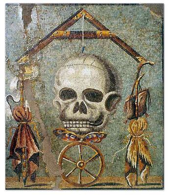 ancientpeoples:Memento Mori60 BC - 40 BCFound in NaplesEmblem mosaic depicting allegorical the trans