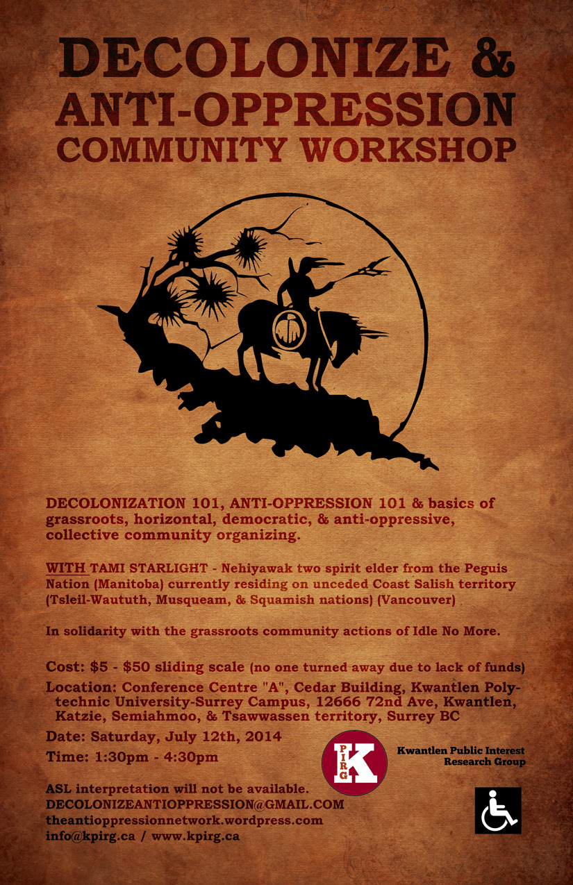 [image description: a colour poster promoting a workshop. the title is at the top of the poster and says
IN TEXT: DECOLONIZE & ANTI-OPPRESSION COMMUNITY WORKSHOP. end text.
below the title is a silhouette of an indigenous persyn riding a horse. they...