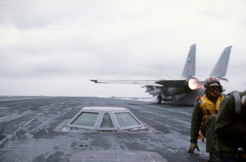 coldwarairforce:F-14A (VF-84 and VF-41) from USS Nimitz in the Mediterranean Sea, 1983.