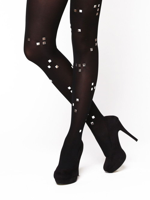 Silver Amsterdam TightsBlack semi-opaque tights with small silver squares. The pattern is glossy sil