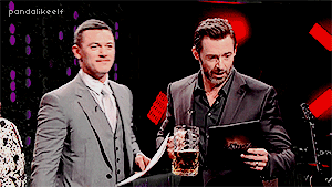 pandalikeelf:luke evans and hugh jackman are singing ‘gaston’ song. (and taron egerton being a cute 