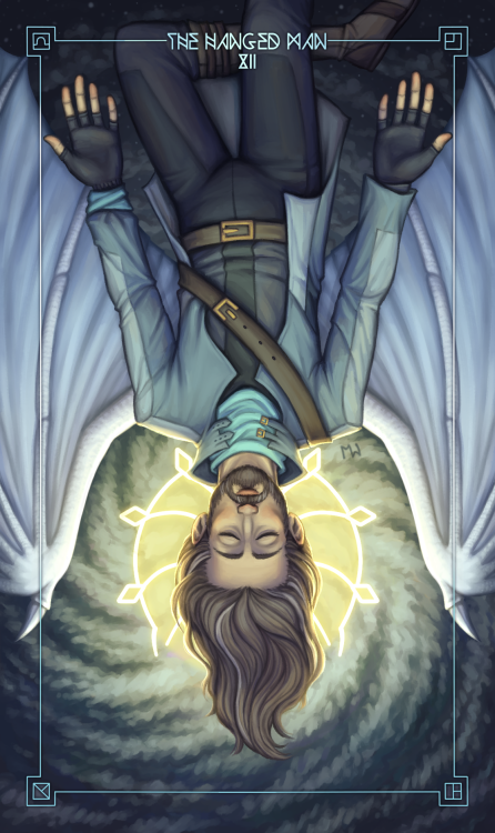 [ID: digital painting of Johan from High Rollers as the Hanged Man tarot card. He is hanging upside-