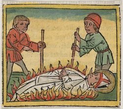 maertyrer:  Unknown ArtistThe Martyrdom of a Bishop by Burninghand coloured woodcut, from ‘The Golden Legend’, published by Günther Zainer, Augsburg 1471-72