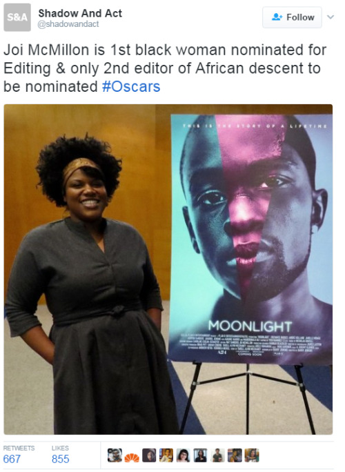 lagonegirl:   Joi McMillon is “extremely honored to be making history” for her debut feature film at the 89th annual Academy Awards. This week, the “Moonlight” co-editor was named among the film’s eight nominations as she was recognized ―