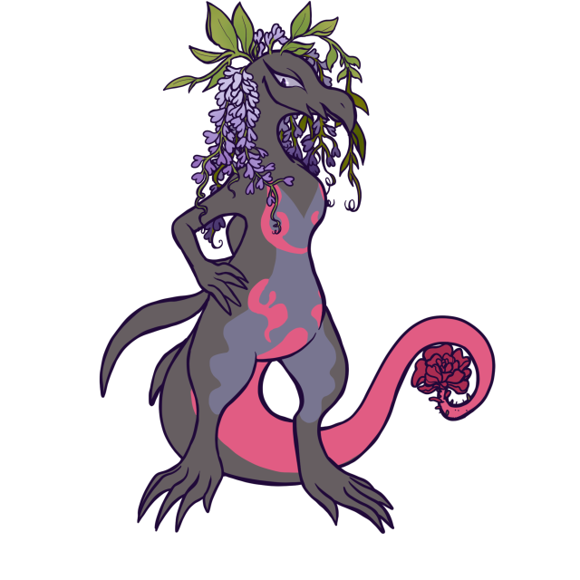 A salazzle with purple flowers and leaves growing out of her head. Her tail is blooming into a rose. 