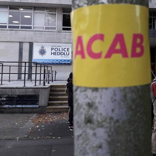ACAB sticker outside Cardiff Central police station in Wales