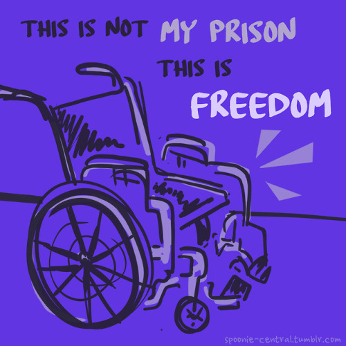 cutieswithcanes:spoonie-central: I was only confined before my wheelchair. [ID: A purple background 