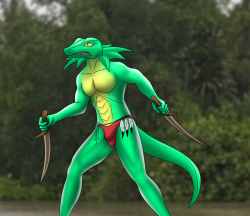 The lizard gasps and readies his twin daggers, standing as he turns. The air is filled with the sound of the rushing river, and a small breeze in the wind. but he knows better, he heard footsteps&hellip;Gift art for K3TA, Woooo!