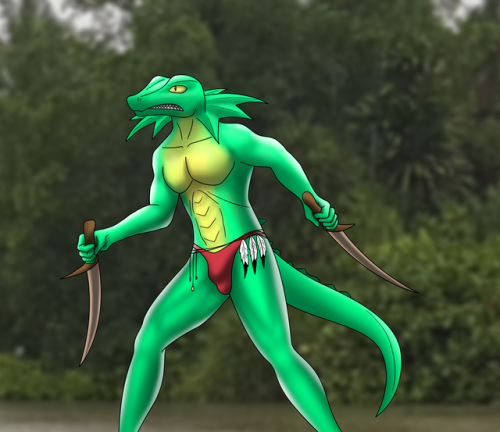 The lizard gasps and readies his twin daggers, standing as he turns. The air is filled with the sound of the rushing river, and a small breeze in the wind. but he knows better, he heard footsteps…Gift art for K3TA, Woooo!