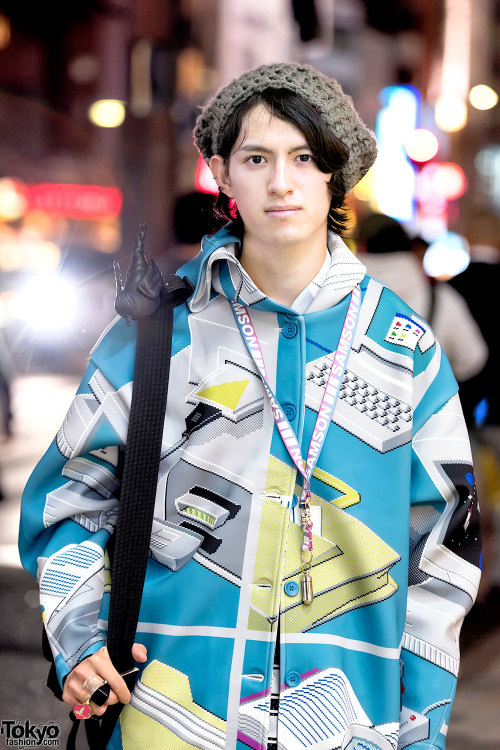 Tsukasa on the street in Harajuku wearing a Windows Explorer computer print jacket by Tyakasha with 