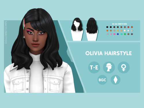 Oliva HairstyleMaxis Match HairstyleAvailable for Teens-Elders24 EA swatchesHat compatibleBGCDownloa