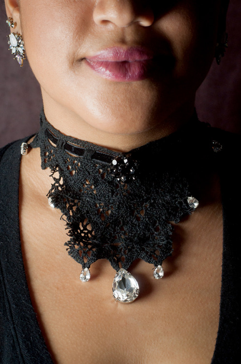 DIY Lace Choker from M&J Blog.Make this Gothic DIY Lace Choker with lace and crystal jewels.Putt