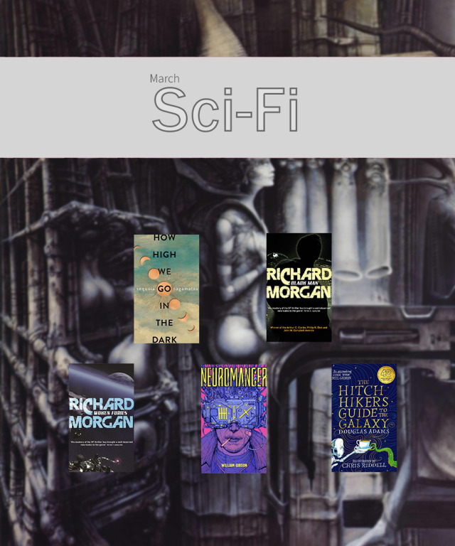 2022 March Book Tag - [Science Fiction] Themed Month #book tag#reading prompt#read along #2022 reading challenge #science fiction#sci-fi#richard morgan#woken furies #how high we go in the dark #neuromancer#black man #hitch hikers guide to the galaxy