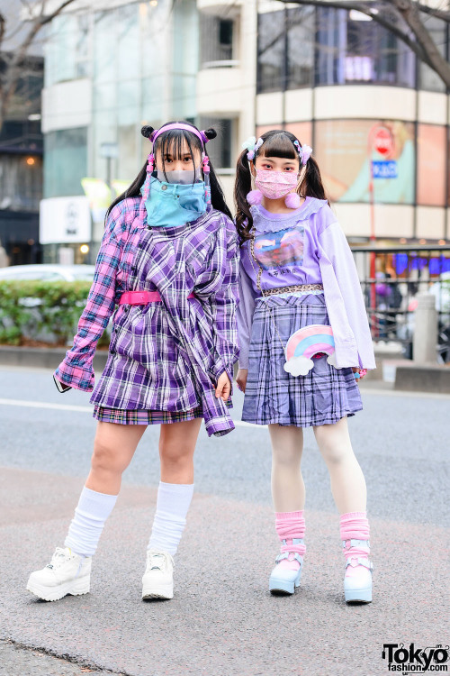 Japanese high school students Moma and Saranrappu on the street in Harajuku wearing kawaii styles by