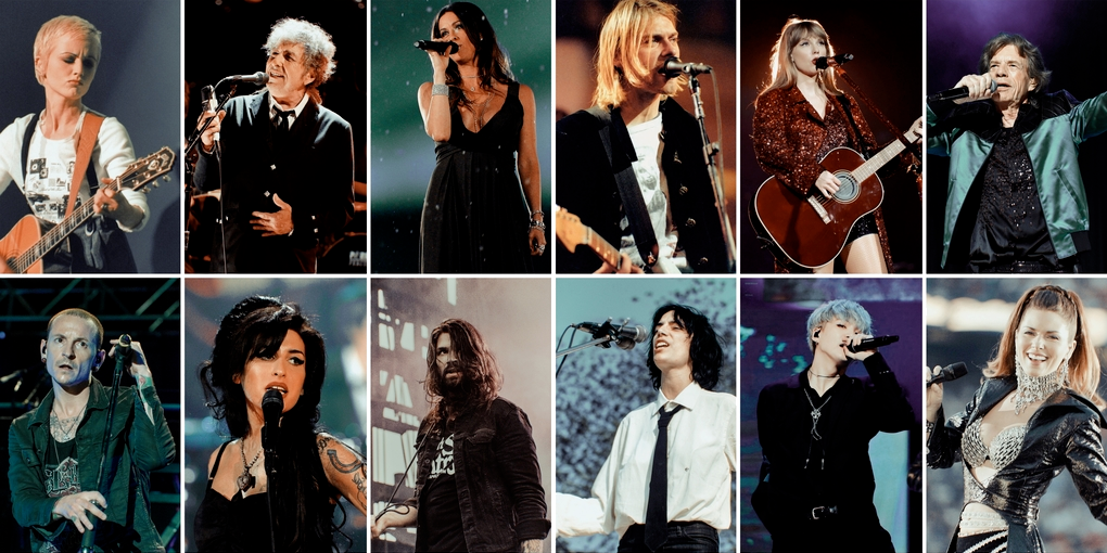 A képen szereplő személyek, balról jobbra: (1) Dolores O'Riordan, Bob Dylan, Alanis Morissette, Kurt Cobain, Taylor Swift, Mick Jagger; (2) Chester Bennington, Amy Winehouse, Adam Lazzara, Patti Smith, Min Yoon-gi, Shania Twain.