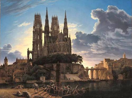 Cathedral Towering over a Town - Karl Eduard Biermann (copy after Karl Friedrich Schinke) -  1830