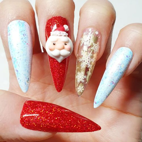 Santa nails Using red holographic glitter dust, Aurora opal flake dust, Light gold pearlized transfe