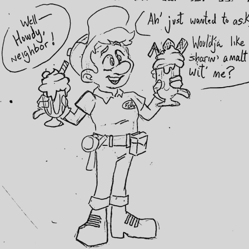 Felix, holding two milkshakes in hand: Well, howdy neighbor! I just wanted to ask, would you mind sharing a malt with me?
