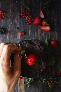 sweetoothgirl:  Chocolate Oatmeal Crepe Cake with Wild Grapes, Berries, and Bananas  