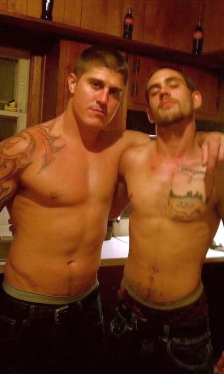 whitetrashmen:  Submission #518e: TJ & Jack sweaty, drunk, high. Thanks for the shirtless pose T