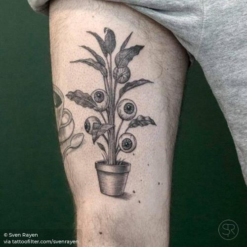 By Sven Rayen, done in Antwerp. http://ttoo.co/p/36176 anatomy;big;black and grey;eye;facebook;good luck;nature;other;plant;single needle;svenrayen;thigh;twitter