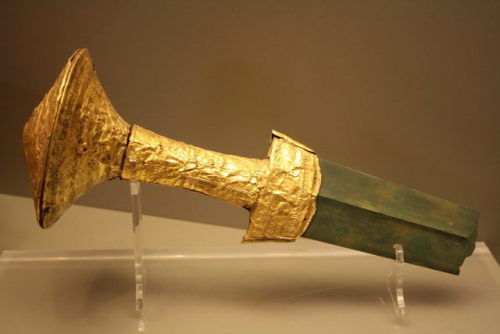 Mycenaean bronze sword with gold hilt, Greece, 1500 BC, uncovered from a tomb in Skopelos.Housed at 