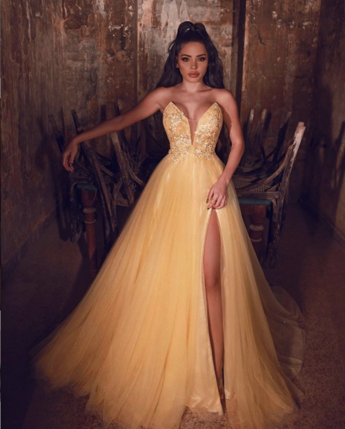 yellow tulle lace long prom dressshop here:shdress.com