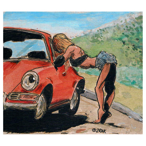 a Porsche 911 (and someone nearby)watercolor on cardboard original inked 15x15 cm for sale