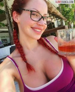 Will you raise your glass with me?  www.ilovebianca.com  #ilovebianca #biancabeauchamp #redhead #asia #glasses #drink by biancabeauchampmodel