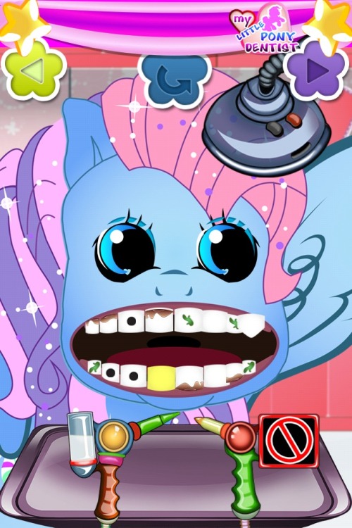 datcatwhatcameback:  phoneus:  APP REVIEW: My Little Pony Dentist This is the most horrifying game I have ever played. Literally everything about this makes me uncomfortable: the graphics, the gameplay, but mostly the fact that someone sat down, created