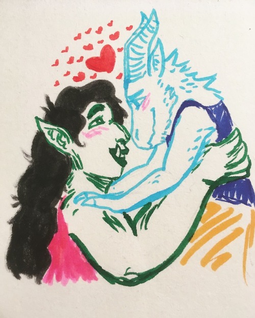 queertazsecretsanta:[ID: a traditional watercolor drawing of Carey and Killian. Carey is a Dragonbor