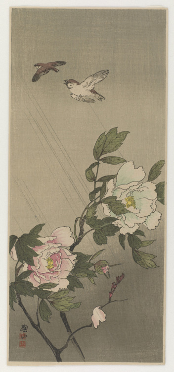 heaveninawildflower:‘Peony and Sparrows in Rain’ (Taisho era, 1919-1926).Woodblock print by Ito Sōza