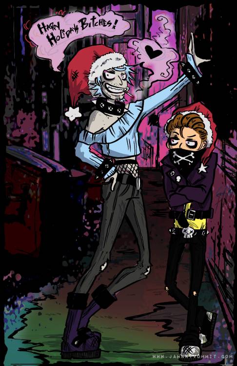 jahnnyvommit: Hey y'all Happy Holidays and Merry Christmas if you’re into that! Heres my fan art gift for @mac-and-cheesles as part of @schwifty-rick Secret Santa ❤  My usual fav Rockstar Rick and a spin on Greaser Morty, ya know doing cool punx