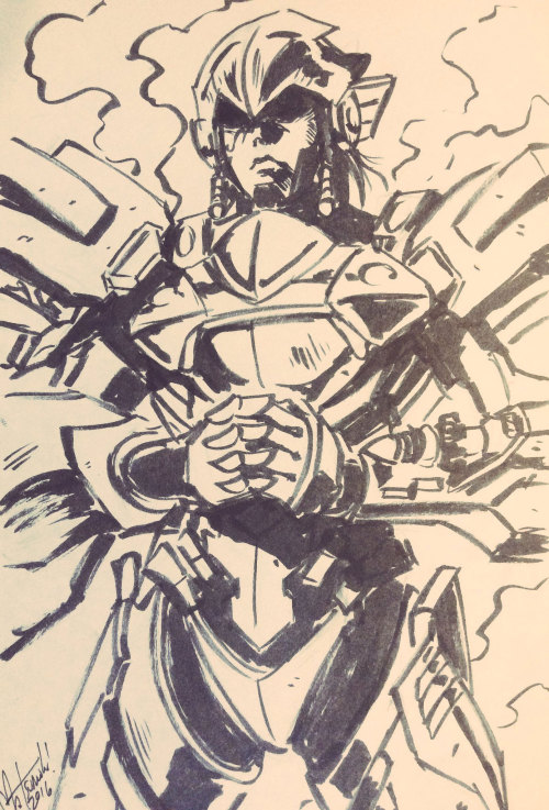 Pharah and Mercy in brush pen. Protect and heal.