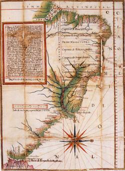 Map of Brazil, by Luiz Teixeira, ca. 1586
Note the Portuguese captaincies, or land grants to loyal nobles, along the Brazilian coast. Of the first 15 charters, five were not colonized, 8 were of limited success due to Indian attacks, and only two of...