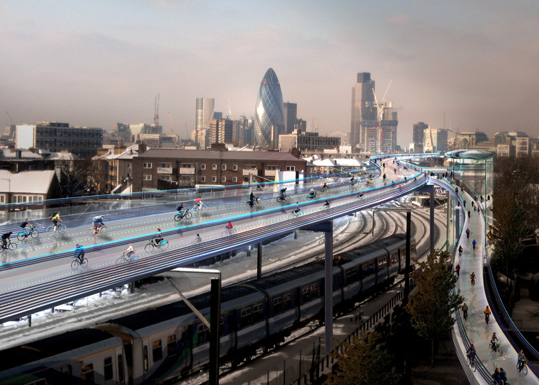 This past year, fourteen cyclists died on the streets of London.
With the dangerous city roads in mind, British architect Norman Foster has unveiled Skycycle: a network of car-free bicycle paths elevated above London’s railways.
If this concept is...