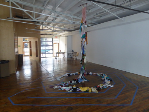 Dream Scroll Installation with blue tape labyrinth in HOW Space, Boone NC.