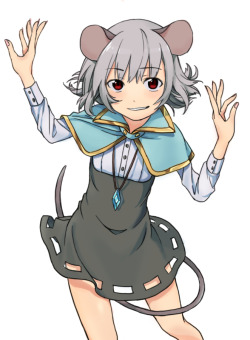 東方、ナズーリン、tojo (strit2p)、にやり、シャツ、スカート、ペンダント、ケープレット、ネッカチーフ、see-through、一人、女一人、宝石、宝飾、尻尾、灰色の髪、獣耳、笑顔、赤目、長袖、鼠尻尾、鼠耳