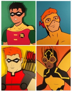 docgold13:  A whole bunch of Teen Titans cut-outs(from right-to-left: Robin, Kid Flash; Wonder Girl; Aqualad; Speedy; Bumblebee; Guardian; Joker’s Daughter; Nightwing; Starfire; Cyborg; Wonder Girl; Raven; Kid-Flash; Changeling (Beast Boy); Tera; Wonder