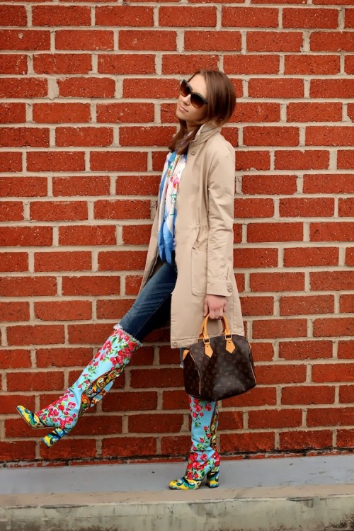 Fashion blogger labydiana in Dolce &amp; Gabbana Sicilian floral boots.Sunglasses: George Gina and L