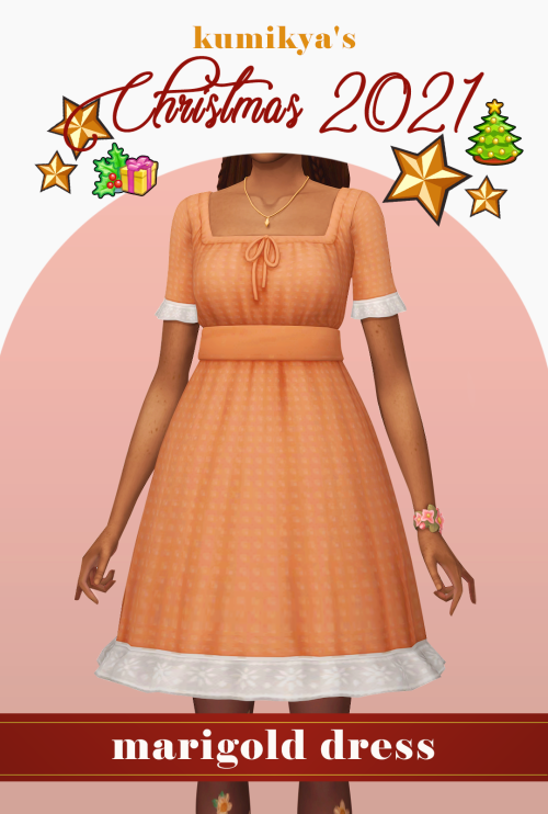 kumikya:CHRISTMAS 2021: MARIGOLD DRESShiya!!! here’s my last gift for this year!!! i made another cottage inspired dress 🥰i retextured the lace on the frills and i’m so happy with how it came out. i had a lot of fun making this!!!🎀✨!details:comes in 14 swatches from my aria palette correct LODs & mapstagged for every day, formal & party; disabled for randombase game compatiblecustom thumbnaili hope you like it, and have a great holiday!!!! 🎄DOWNLOAD @ PATREON (alt) #clothing#dresses
