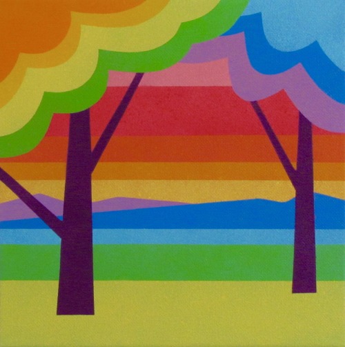 Rainbow TreesAcrylic and spray paint on canvas 8x8".Charles Morgenstern, 2022.