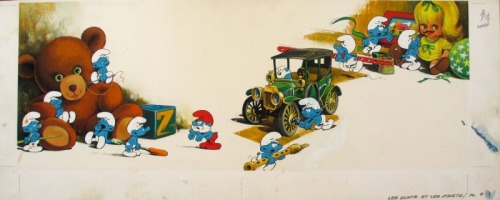 Peyo, Les Schtroumpfs et les Jouets par Peyo,Michel Matagne - gouache originale Peyo smurfs and toys